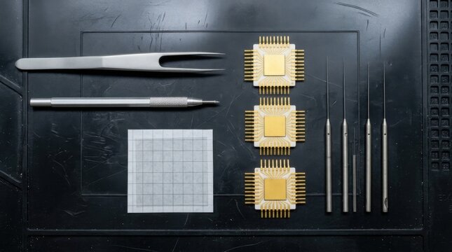 Nanomaterials laboratory tools flat lay on black ESD mat with titanium tweezers, diamond scriber, graphene transfer tape, micro manipulator probes, and gold chip carriers.