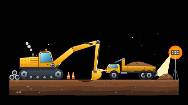 Excavator and Dump Truck Earthmoving Animation on Transparent Background with Alpha Channel