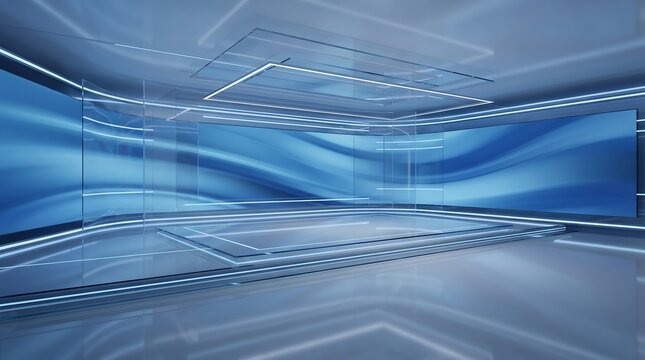 A sleek modern virtual television set with blue neon glowing lights and digital screen backdrop