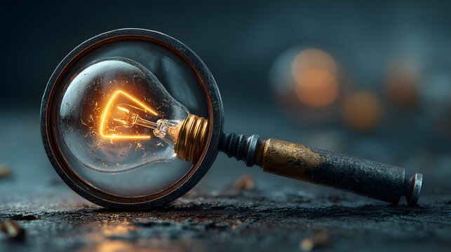 Educational growth concept. Magnifying glass on a light bulb