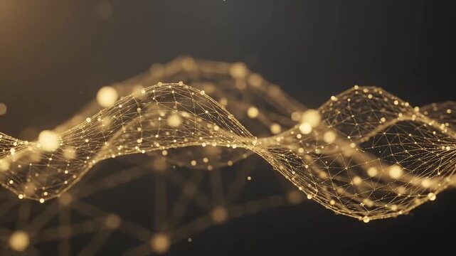 Golden particle lattice undulating smoothly across dark background