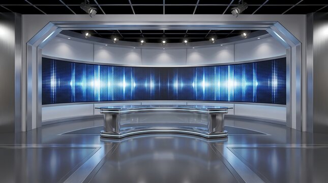 A modern virtual television set featuring a large curved digital screen and sleek news desk for broadcast studio