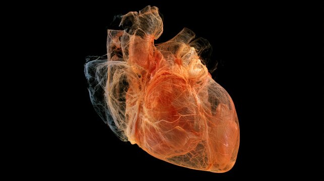 Vibrant 3D Medical Rendering of a Human Heart with Intricate Vascular Network Displayed Against a Dark Void Symbolizing Life's Essential Pumping Organ and Circulatory System Health for Educational and