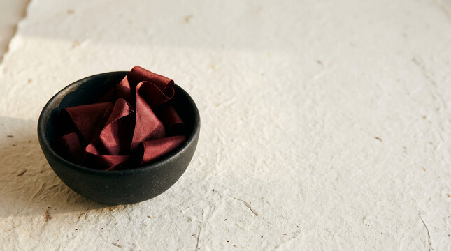 Minimalist design of dark red fabric in a black bowl on textured paper, representing black friday luxury and sophisticated seasonal look