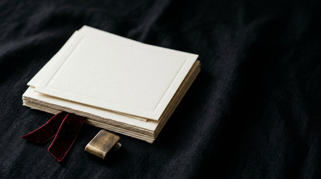 Black Friday luxury style blank stationery stack, elegant cards, vintage seal, velvet ribbon on dark fabric. Ideal for bespoke invitations or notes