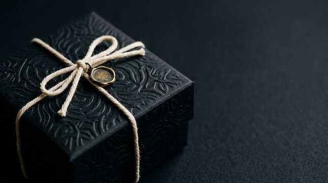 Unwrap the allure of black friday luxury with an elegantly tied black textured gift box, embodying exclusive festive presents and sophisticated seasonal celebrations