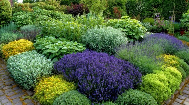 Colorful flowers and aromatic herbs grow together in a home garden to support natural pest control, companion planting, and beneficial insects.
