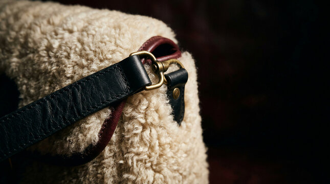black friday luxury A close-up of a plush cream accessory, with elegant black leather strap and polished brass hardware, exuding elegance