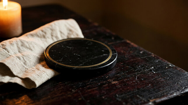 An exquisite dark coaster with a golden edge, resting on rustic wooden texture, subtly illuminated by a warm candle, embodies refined black friday luxury appeal
