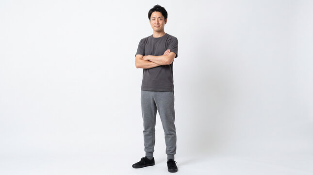 白背景で腕を組んで自信に満ちた表情の標準体型の30代日本人男性：筋トレ・ボディメイクの成果のイメージ