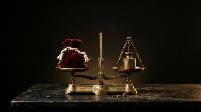 Vintage balance scale with luxurious velvet pouch and brass weights, symbolizing financial value, smart choices, and the allure of black friday luxury offerings