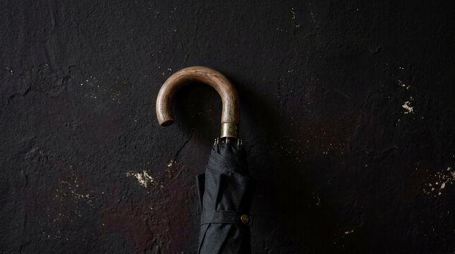 An elegant, folded black umbrella with a rich wooden handle rests on a textured dark surface, evoking a sophisticated aura perfect for black friday luxury promotions and refined seasonal campaigns
