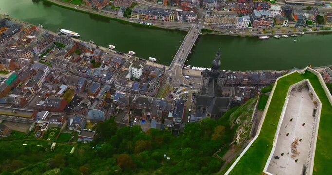 Aerial view of the beautiful, picturesque town of Dinant in Belgium, situated on the Meuse River between two cliffs