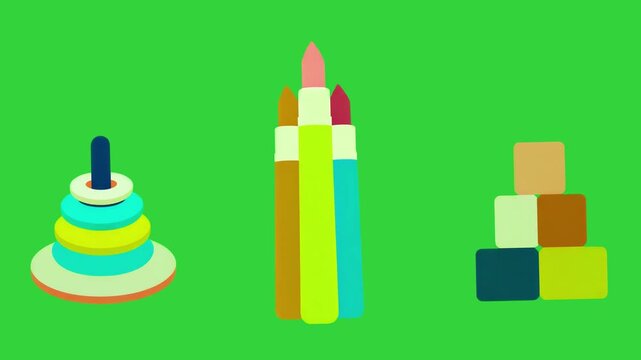 Colorful Educational Icons Animation Featuring Stacking Rings, Crayons, and Blocks on a Green Screen Background