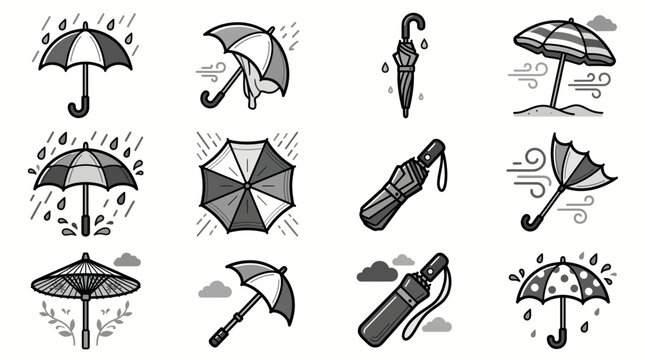 Umbrella icons and weather protection symbols showcasing rainy elements, stormy wind conditions and folded parasol designs, concept for meteorology forecast and outdoor climate protection