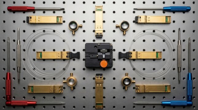 Silicon photonics development tools knolling layout with gold optical transceiver modules, cleaved silica fibers, cleaver, collimation lenses, and hex driver on an optical breadboard table.