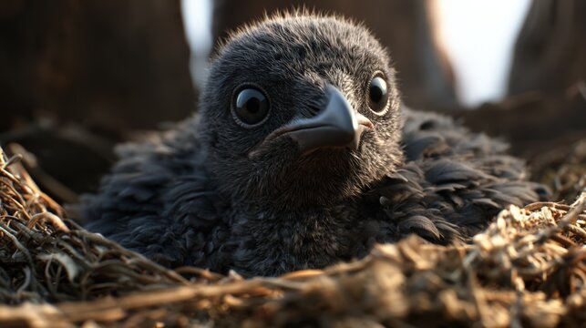 Adorable Fledgling Crow with Wide Expressive Eyes Nestled in Twigs and Hay Symbolizing New Beginnings Vulnerability and the Delicate Wonders of Avian Youth in its Natural Habitat Capturing Innocence.