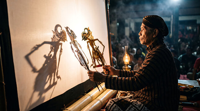 Dalang hands moving wayang kulit puppet beside oil lamp