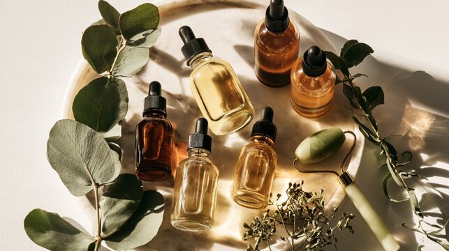 Luxury Skincare Spa Concept with Glass Droppers and Jade Facial Roller
