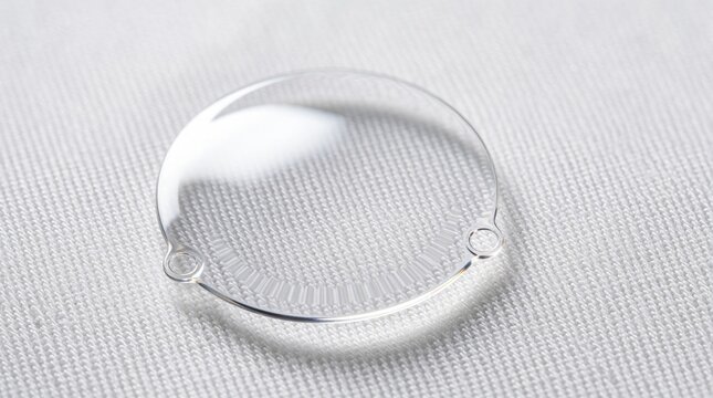 Macro view of transparent Phakic IOL implantable contact lens with four point fixation design. Clear medical optical device for vision correction surgery. High tech ophthalmic equipment rests on