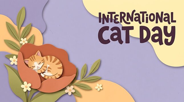 International Cat Day illustration, paper-cut style cat sleeping in orange flower, handcrafted floral background with text banner for social media campaign