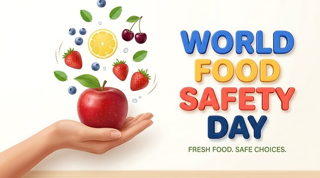 World Food Safety Day banner, hand holding red apple, floating fruit vegetables, fresh healthy food, safe choices, stock illustration