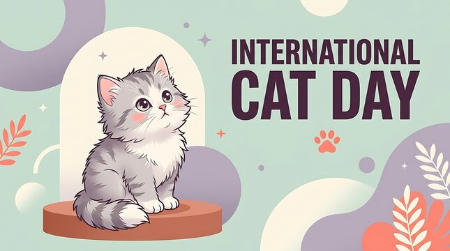 Cute Gray Kitten Illustration for International Cat Day, Cartoon Tabby Sitting on Pedestal, Flat Design Poster Concept with Pastel Background