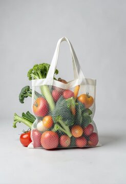 Reusable cotton mesh shopping bag filled with fresh organic vegetables on light grey background