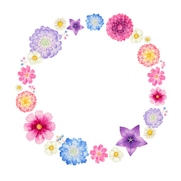 秋の花 植物　フレーム リース　水彩 イラスト