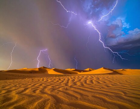 Une temp&ecirc;te &eacute;lectrique illumine violemment les dunes de sable dor&eacute; sous un ciel contrast&eacute; entre ombres sombres et &eacute;clats lumineux o&ugrave; la poussi&egrave;re danse dans les rayons.