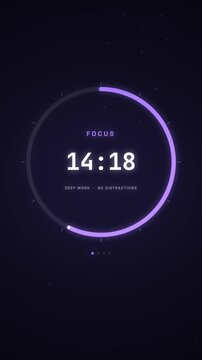 Vertical violet focus timer ring counting down to a cyan break on deep indigo, seamless loop