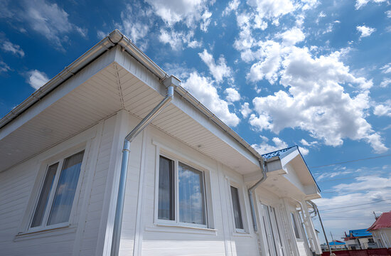 Facade of residential building undergoing external thermal insulation with white plates. Gray gutters, downspouts visible against blue sky with clouds. Project focuses on energy saving, improving