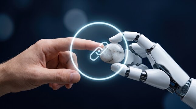 Human hand touching robotic hand with glowing blockchain chain icon, representing artificial intelligence, automation, future technology