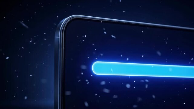 Close view of dark smartphone chassis edge showing glowing blue horizontal loading progress bar