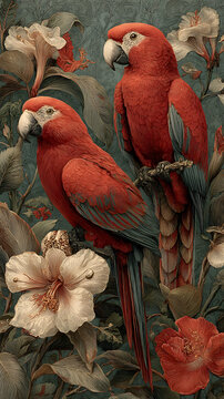 Toile wallpaper with parrot animal bird red.
