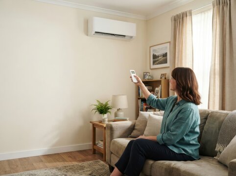 Daily Heatwave Home Cooling Routine concept. Woman adjusts a wall mounted air conditioner with a remote in her living room