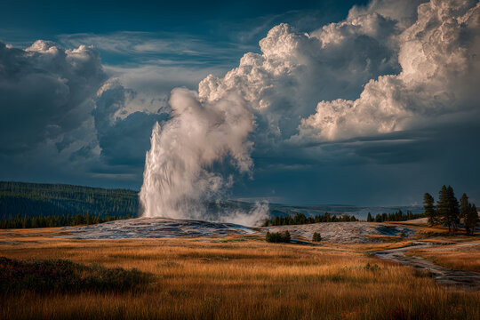 Witness the power of nature at Old Faithful geyser erupting in Yellowstone National Park under a dramatic sky, a stunning display of geothermal energy