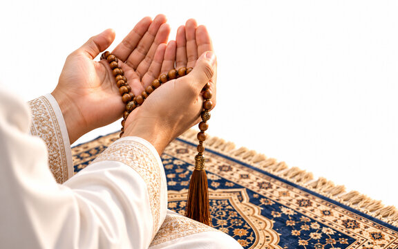 Muslim man praying with prayer beads and rug on white background