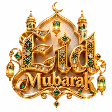 3d golden eid mubarak typography title text with mosque design