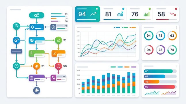 Business dashboard with flow chart and data graphs