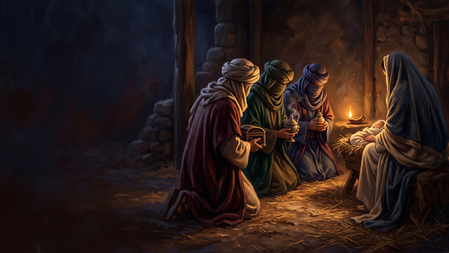 Cloaked Visitors Kneel Before a Mother and Baby in a Dark Stable