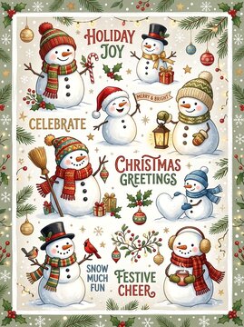 Festive Christmas Snowman Collection. Friendship, family togetherness, childhood wonder, and the joy of seasonal celebrations. Ideal for Christmas greeting cards, holiday posters, festive invitations