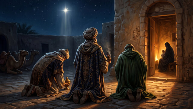 Cloaked Visitors Kneel Outside a Starlit Nativity Doorway