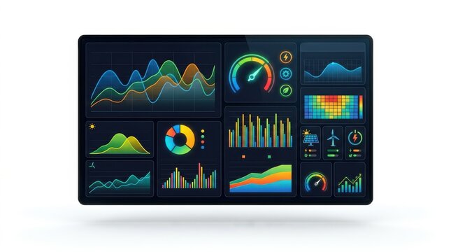 Digital dashboard with colorful business charts and graphs