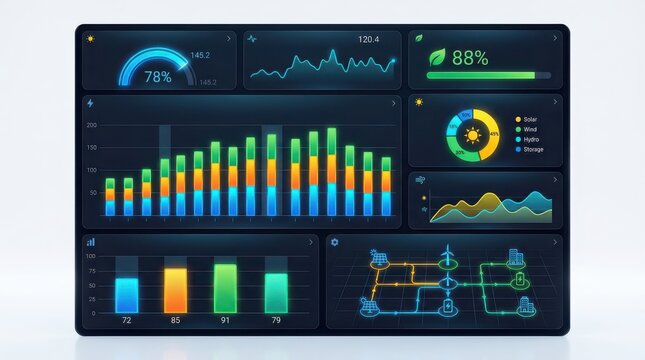 Data dashboard with colorful charts and graphs on dark screen