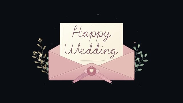 Happy wedding greeting card in pink envelope with floral illustration.