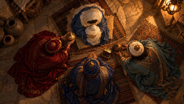 Overhead View of Nativity Visitors Around a Mother and Baby