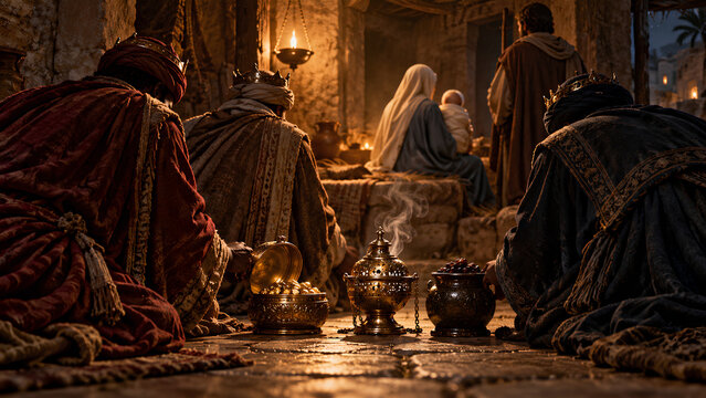 Nativity Visitors Present Gifts in a Warm Stone Interior