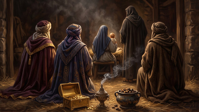 Nativity Visitors Gather Around a Seated Mother and Infant