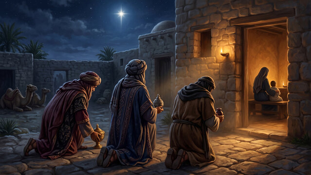 Three Visitors Kneel Outside a Nativity Doorway at Night